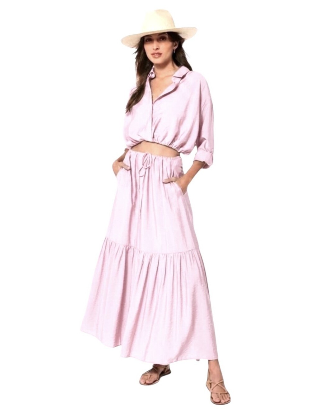 YOUNG FABULOUS & BROKE Pale Pink Tiered Maxi Skirt With Adjustable Waist